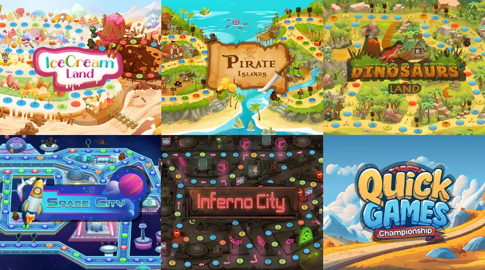 5 interactive game boards with 10 exciting characters
